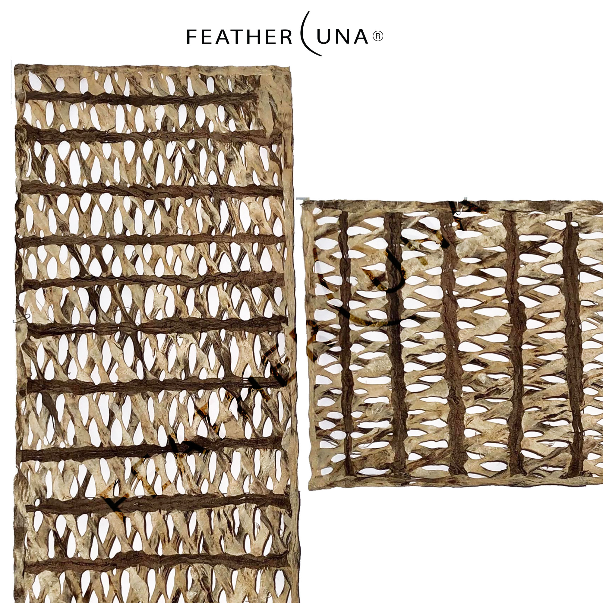 Two sheets of Coco-Stripe amate paper on white, a tall panel beside a square panel, showing the horizontal and vertical stripe directions