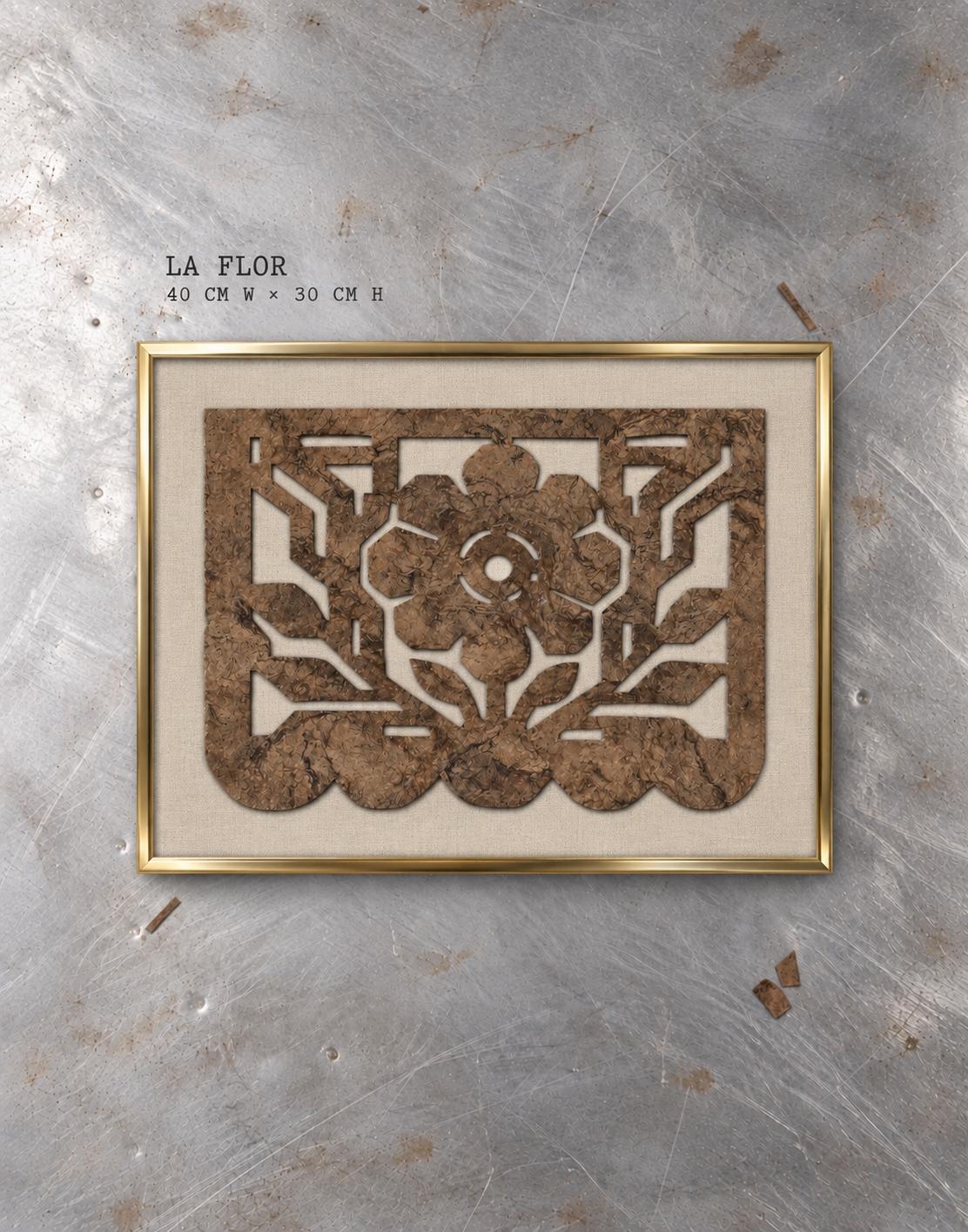 Styling mock-up: the La Flor piece shown framed on a wall