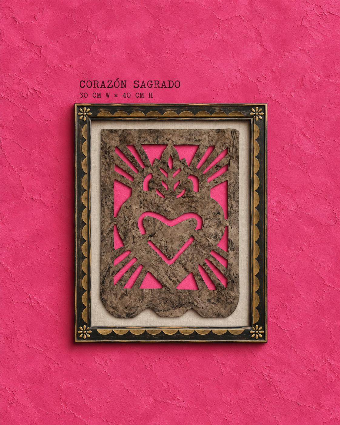 Styling mock-up: the Corazón Sagrado piece shown framed on a wall