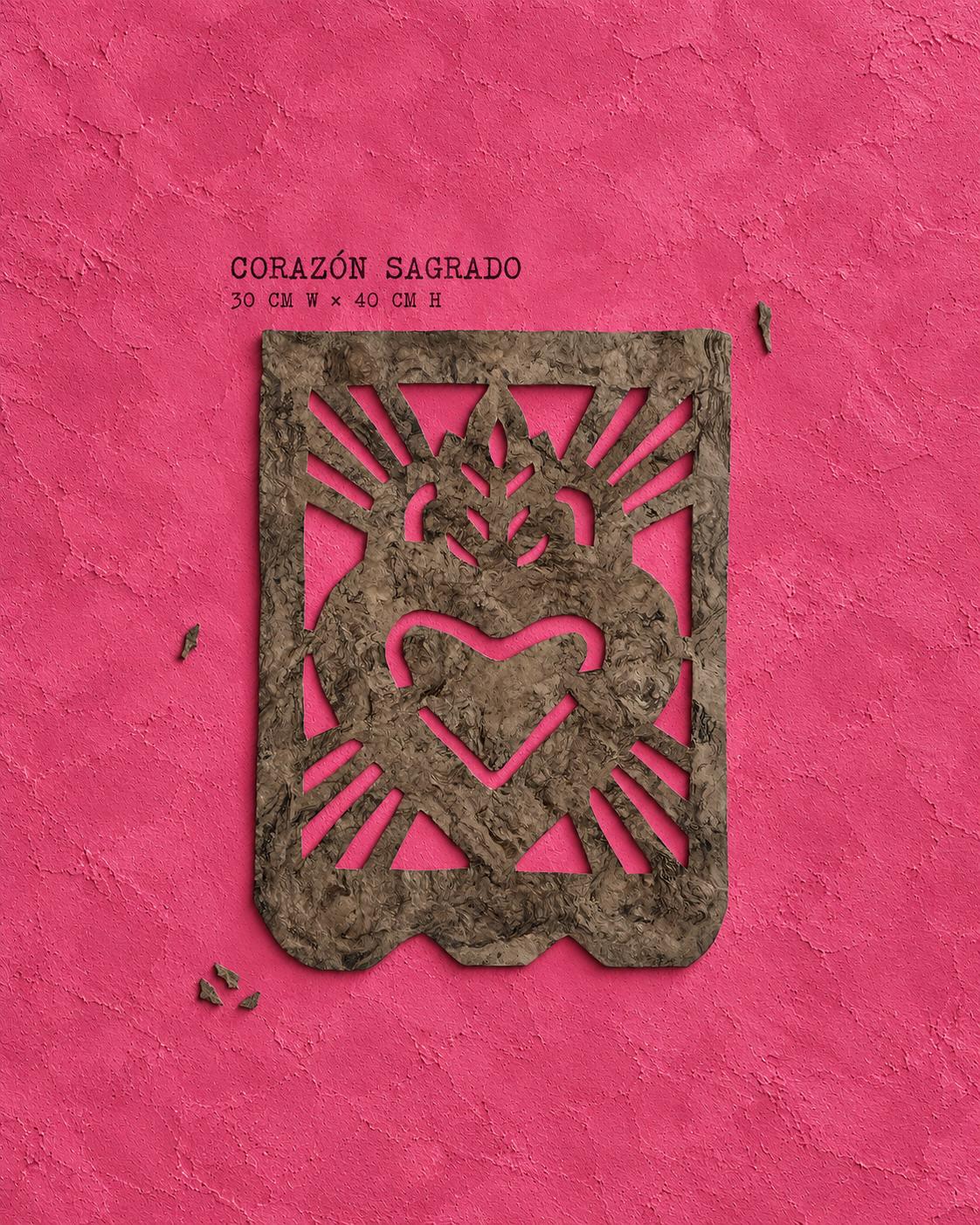 Corazón Sagrado: a cut amate bark paper artwork of a sacred heart, unframed, from the Café Calado set of five