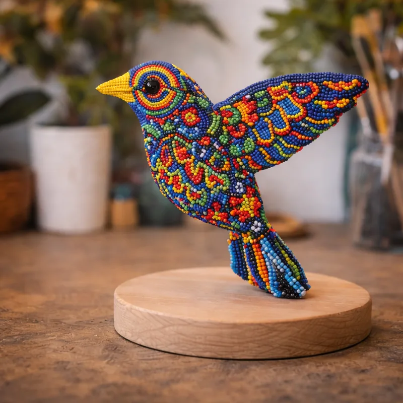 A small beaded bird figure on a wooden stand, wings scaled in cobalt, gold, crimson, and white glass beads, natural light and plants behind it.