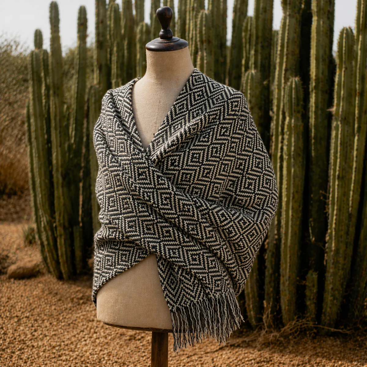 Rebozo displayed with geometric shawl patterns