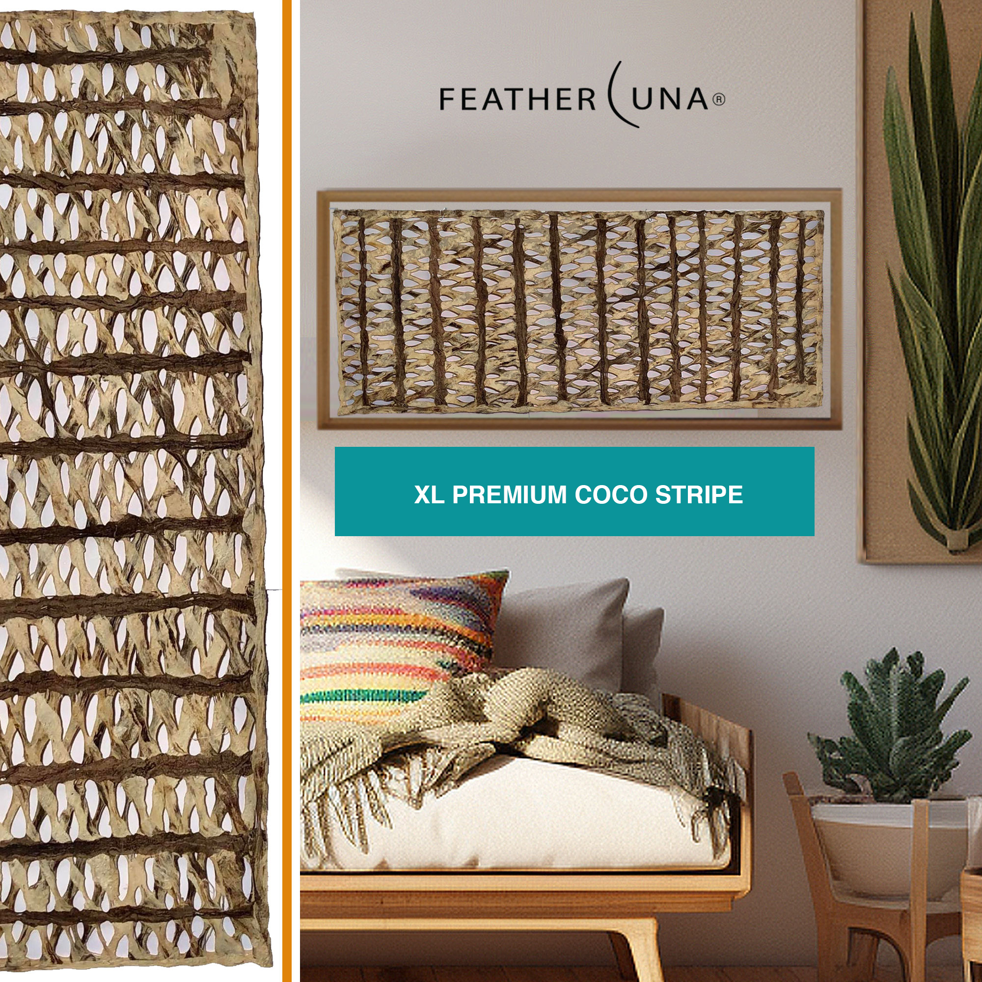 A tall sheet of Coco-Stripe amate paper beside the same paper framed above a wooden daybed
