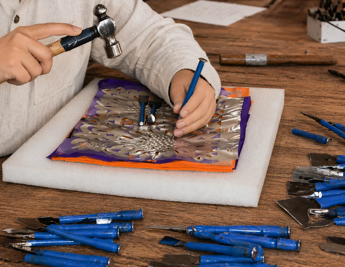 Artisan chiseling papel picado with hammer and cinceles on a workbench