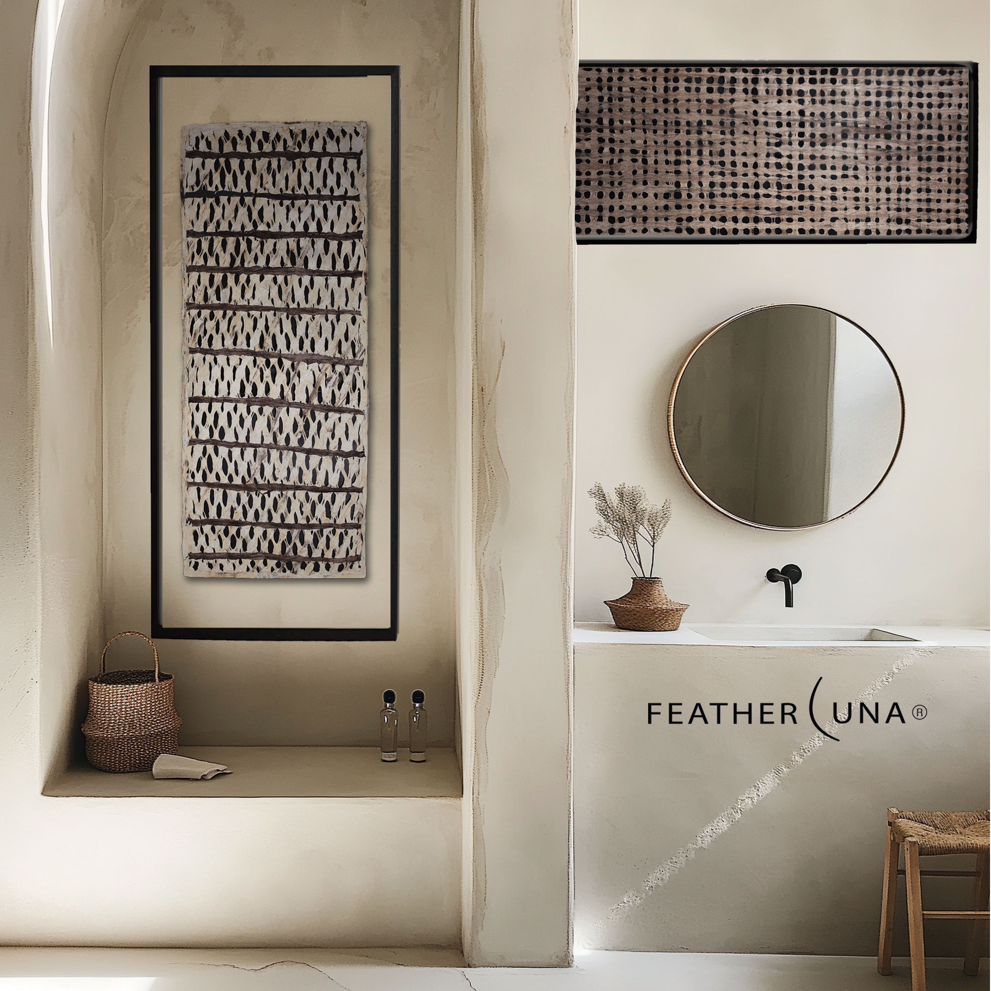 Coco-Stripe and Café amate paper framed as wall art in a plaster bathroom, a tall panel in an arched alcove and a wide panel above a round mirror