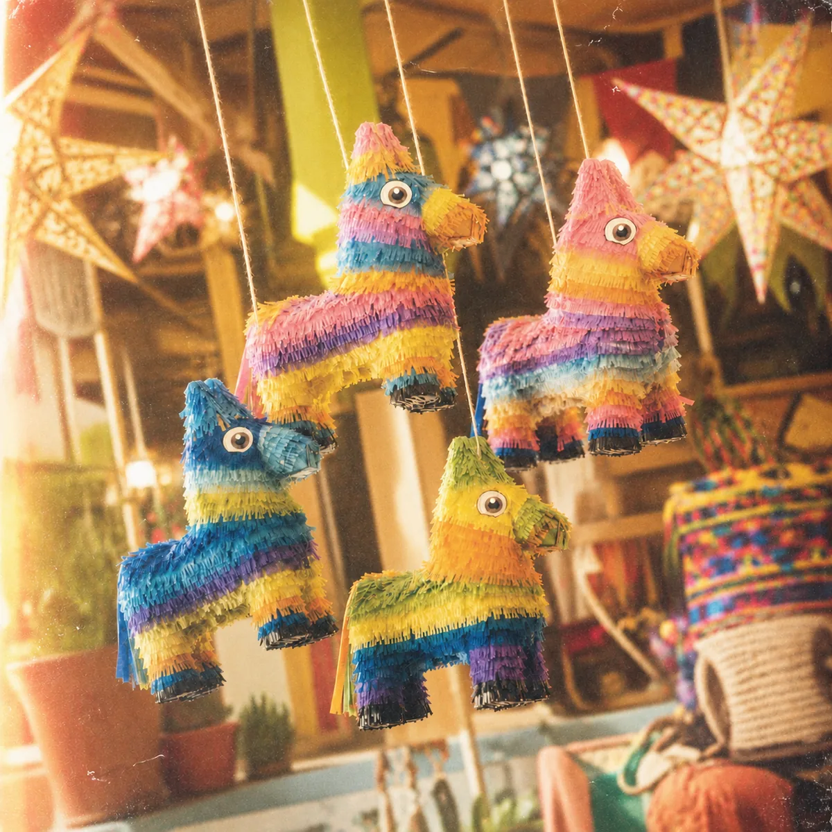 Brightly fringed donkey and llama pinatas hanging together in a Mexican market stall