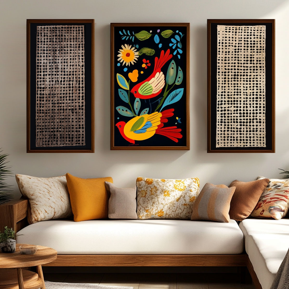 Framed Café and Crème amate paper panels on either side of a bright bird painting, above a sofa