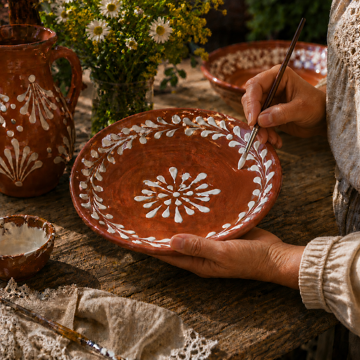 Artisan hand-painting white floral motifs on terracotta barro plate