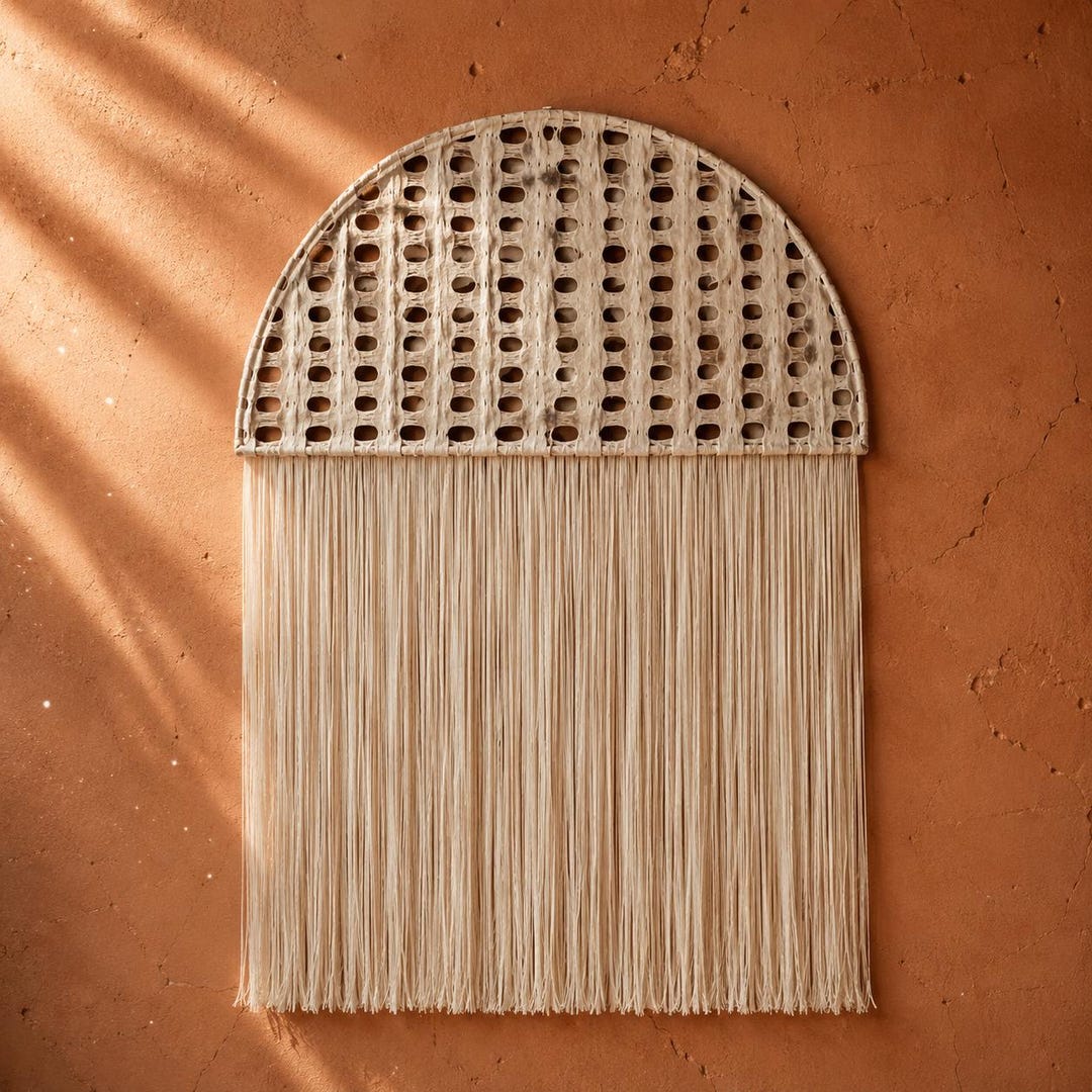 Arched amate paper panel with a long cotton fringe, hung on a terracotta plaster wall