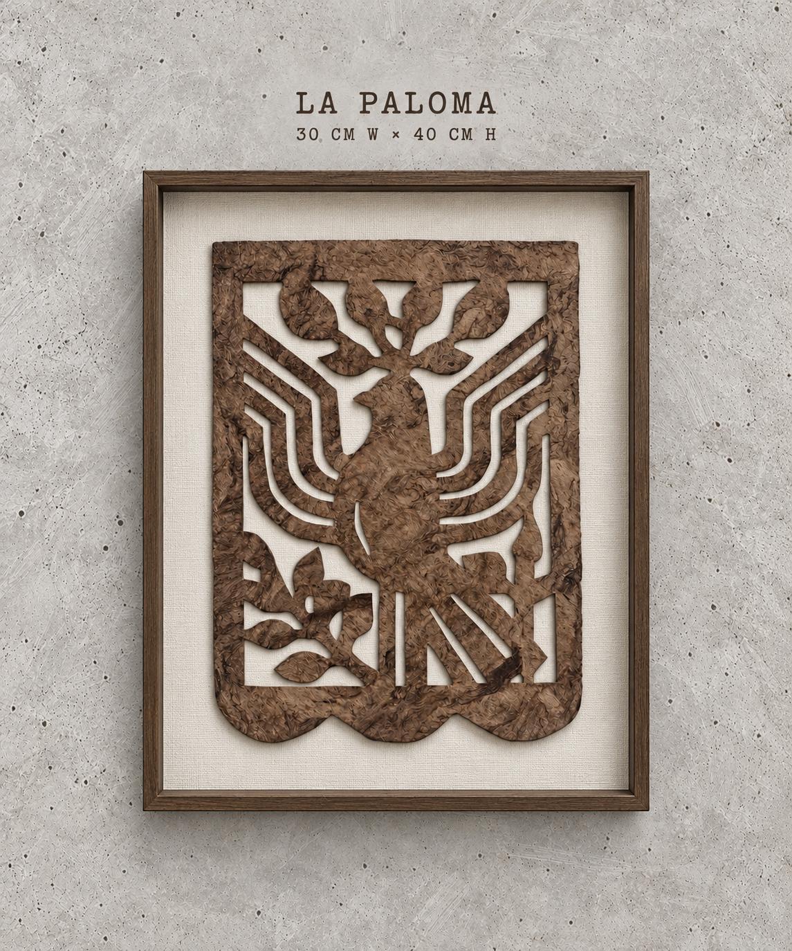 Styling mock-up: the La Paloma piece shown framed on a wall