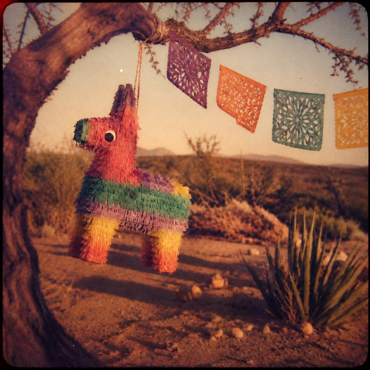 A finished donkey pinata strung from a tree branch with papel picado fluttering in the desert breeze
