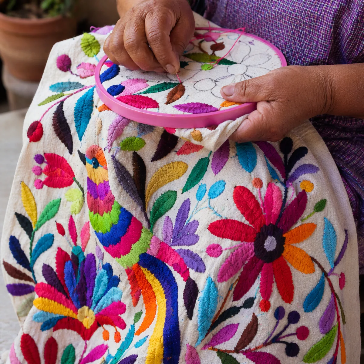 Otomi artisan embroidering colorful tenango with hoop and needle
