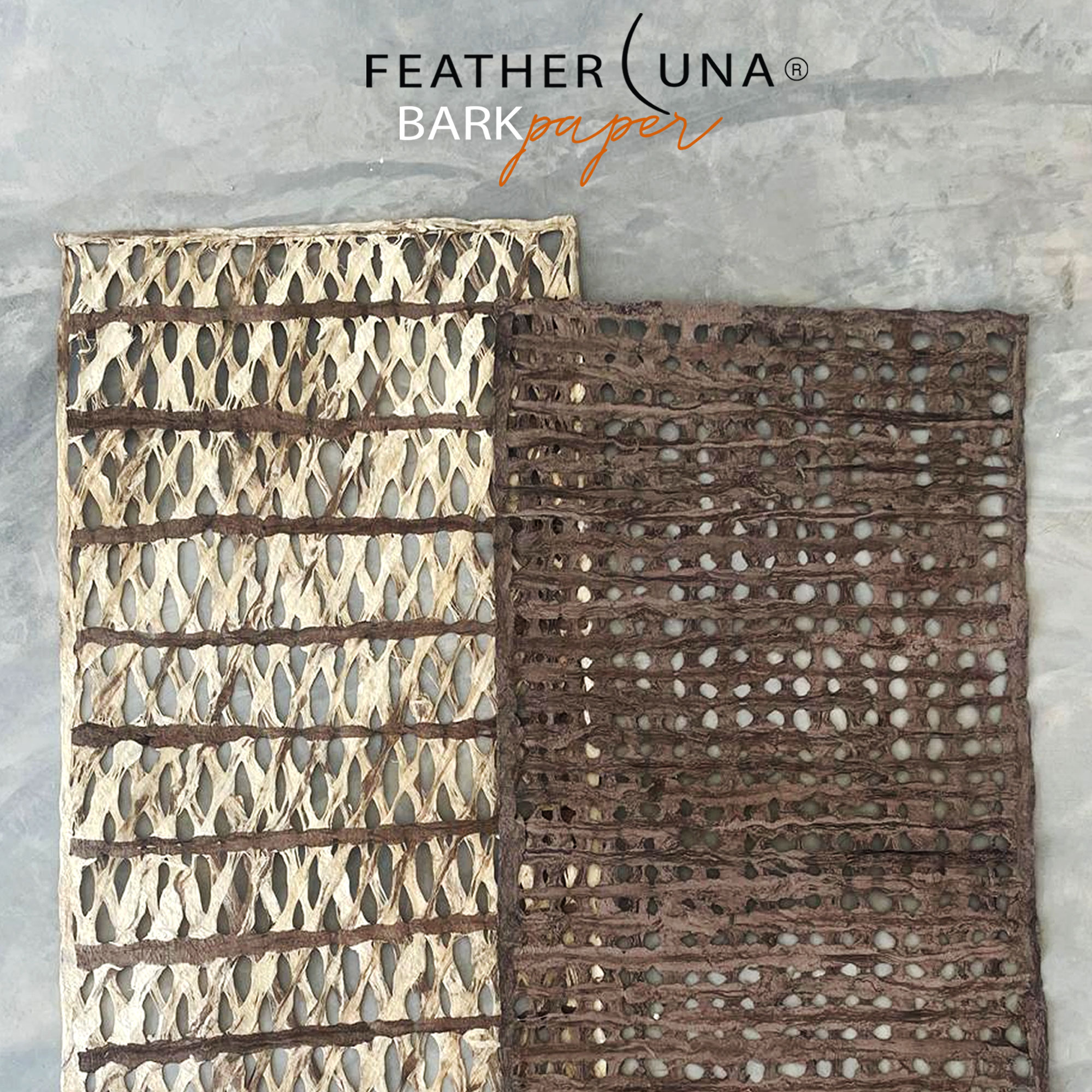 Coco-Stripe and Café amate paper, two XL sheets laid side by side on a polished concrete floor showing the crème and dark brown colourways