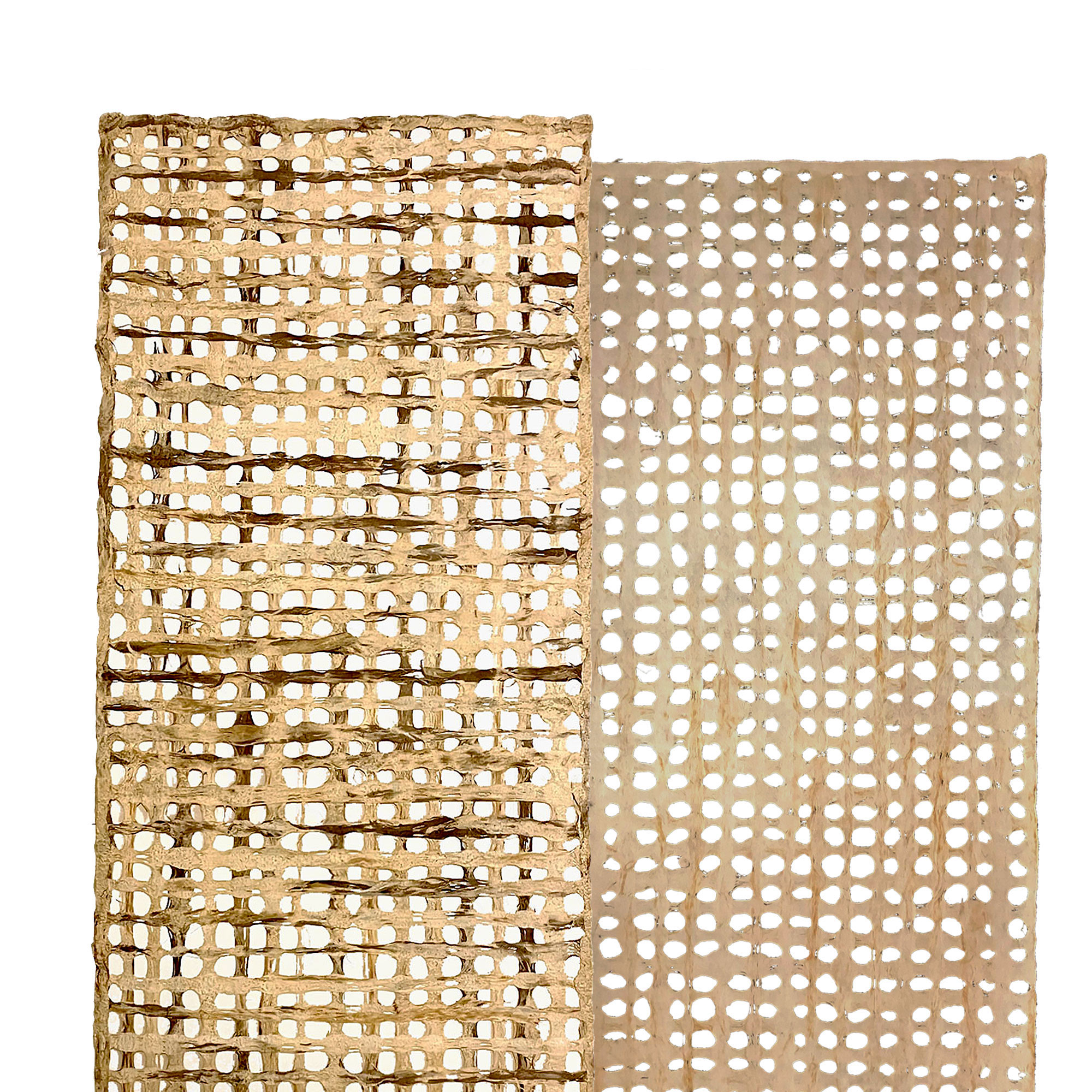 Café con Leche and Crème amate paper side by side on white, close enough to show the open bark-fibre lattice and the colour difference between the two sheets