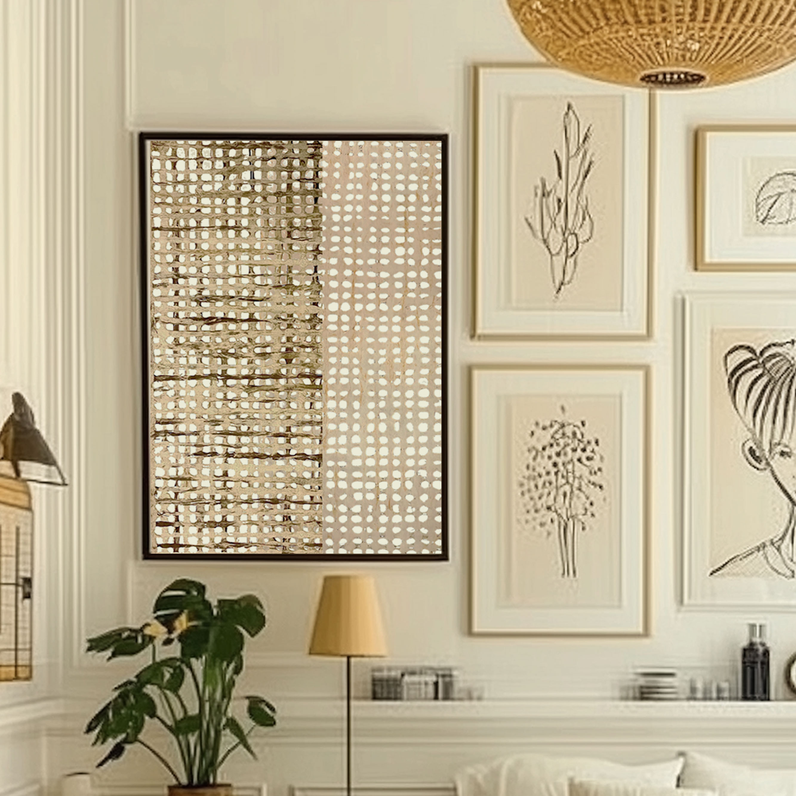 Café con Leche and Crème amate paper framed side by side in a gallery wall of line drawings